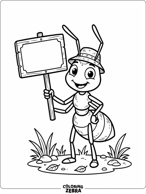 A cartoon ant wearing a hat and holding a sign