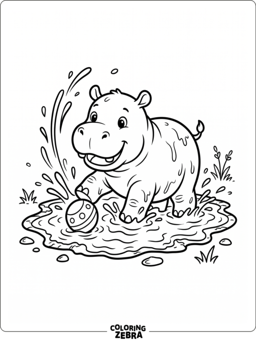 A cartoon baby hippo splashing in a puddle with a ball