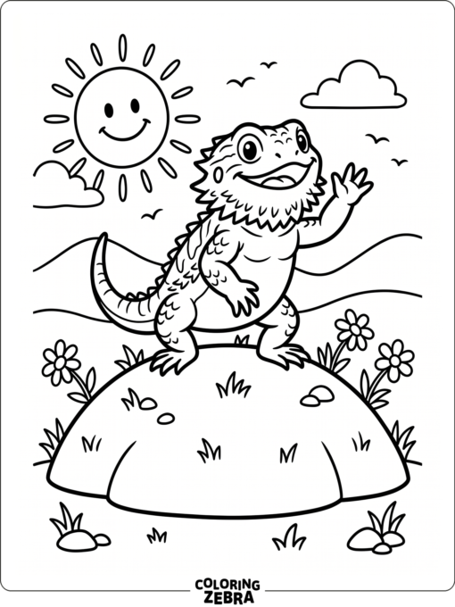 A cartoon bearded dragon waving from a little hill