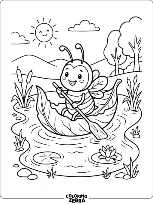A cartoon bee riding on a leaf boat