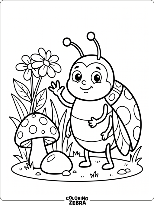 A cartoon beetle beside a mushroom and pebble