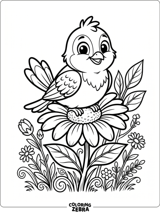 A cute cartoon bird sitting on a flower