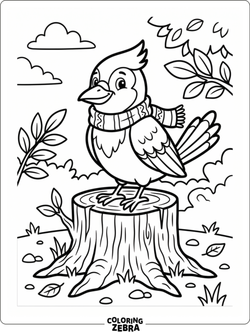A cartoon blue jay wearing a scarf on a stump