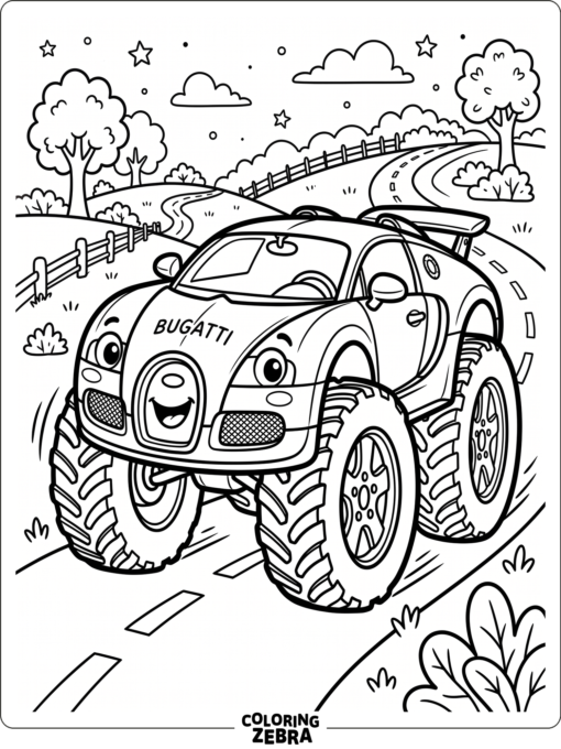 A cartoon Bugatti with oversized wheels