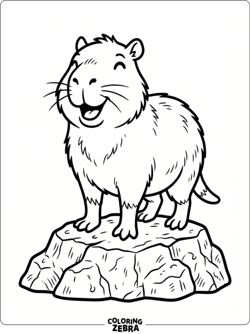 A cartoon capybara standing on a rock and smiling