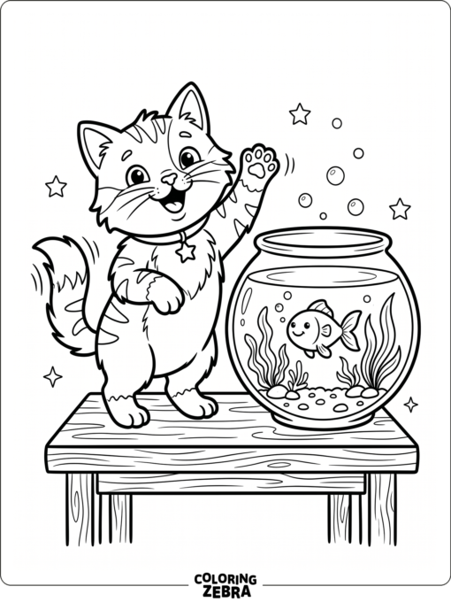 A cartoon cat waves beside a fish bowl