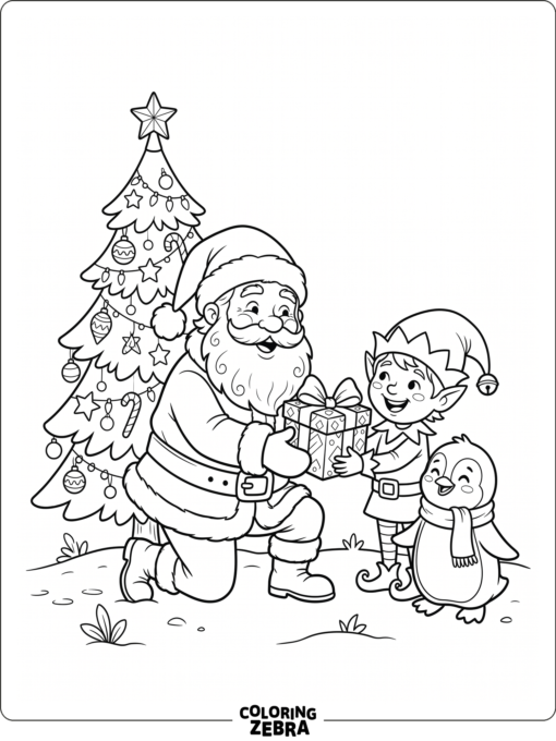 Tecknad jultomte, tomtenisse och pingvin med en present