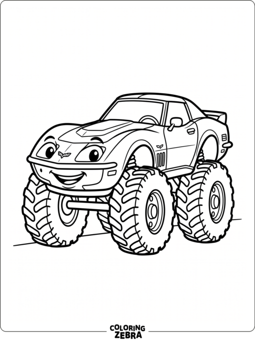 A cartoon Corvette with oversized wheels and a happy face