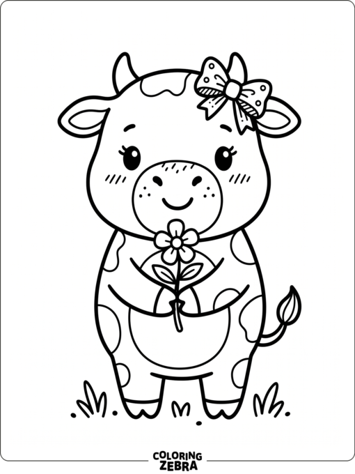 A kawaii cow holds a small flower and wears a bow in a cute simple pose.