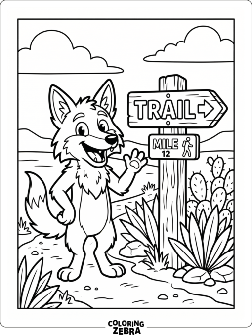 A cartoon coyote grinning near a trail marker