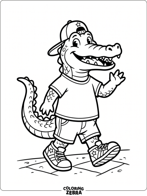 A cartoon crocodile wearing sneakers and a cap