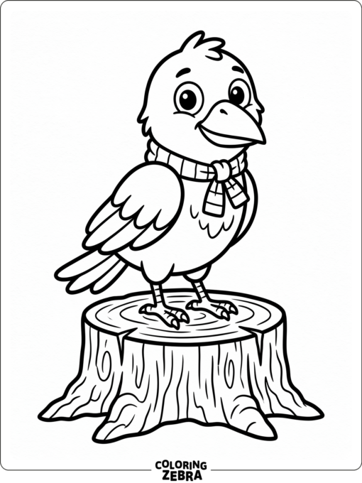 A cartoon crow with big eyes standing on a stump