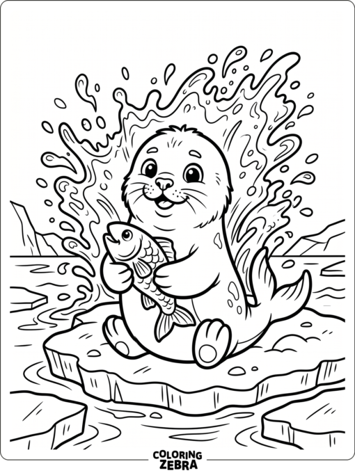 A cartoon baby seal holding a fish