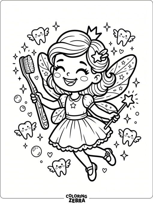 A cartoon dental fairy holding a toothbrush