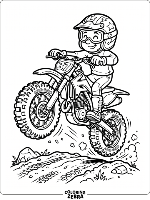 A cartoon dirt bike with big tires and a helmet