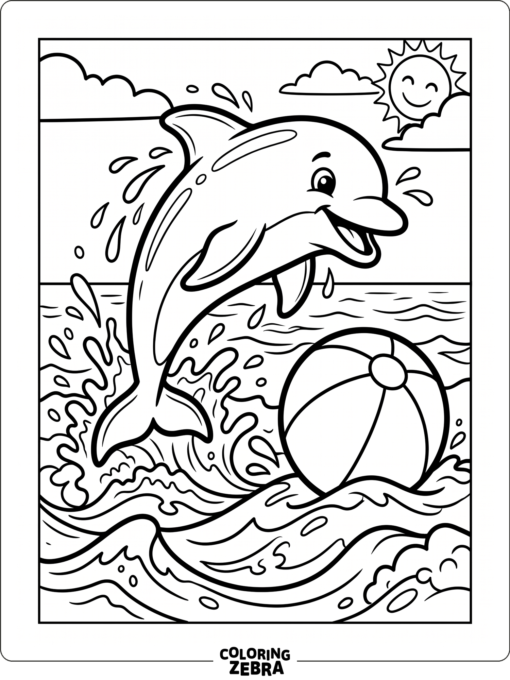 A cartoon dolphin splashing by a beach ball