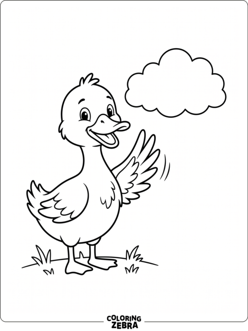 A cartoon duck waving beside a cloud