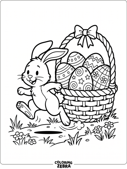 A cartoon bunny hopping beside a basket of eggs