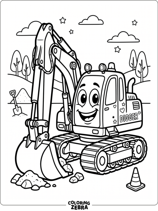A cartoon excavator with big eyes and a smiling face