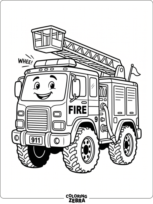 A cartoon fire truck with a smiling face and big wheels