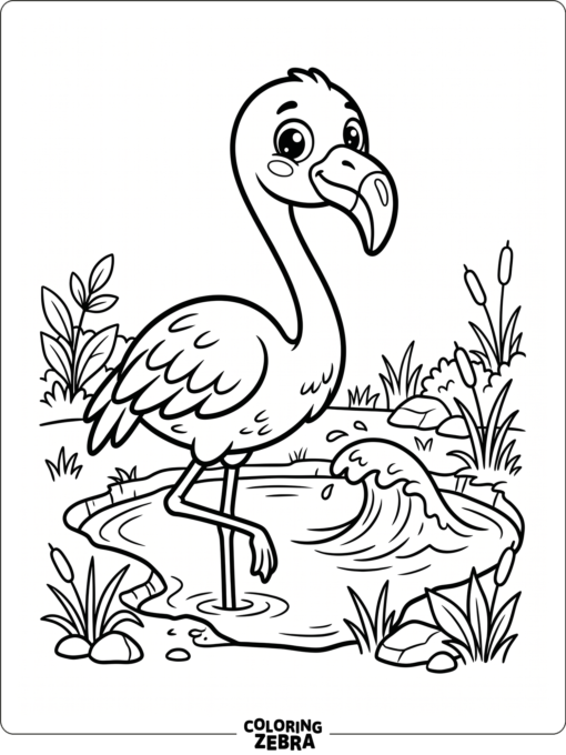 A cartoon flamingo waving beside a pond