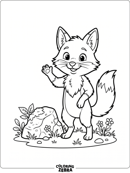 A cartoon fox waving near a rock