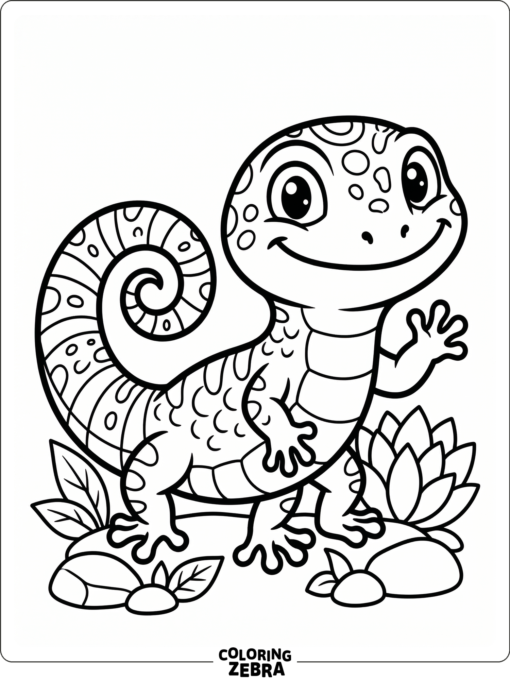 A cartoon gecko with a big head and curled tail
