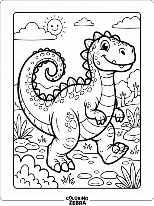 A cartoon Gigantosaurus walking with a curled tail