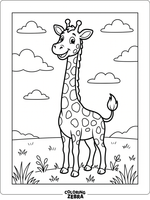 A smiling cartoon giraffe with simple clouds behind it