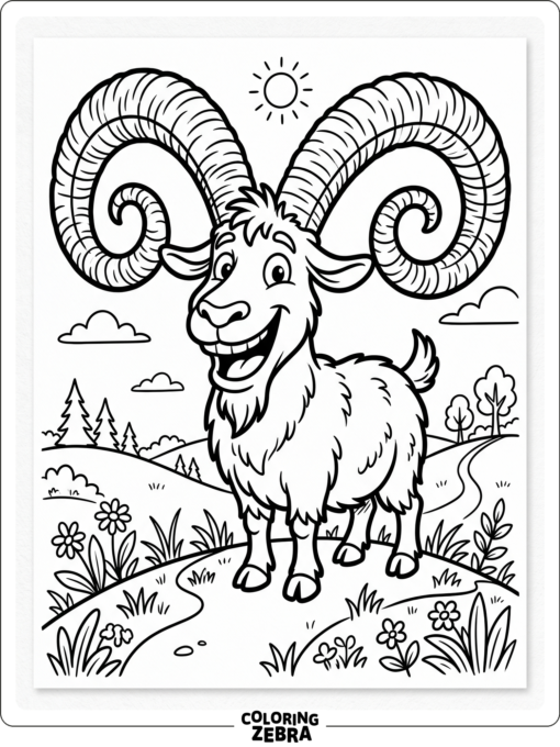 A cartoon goat with a big grin on a hill