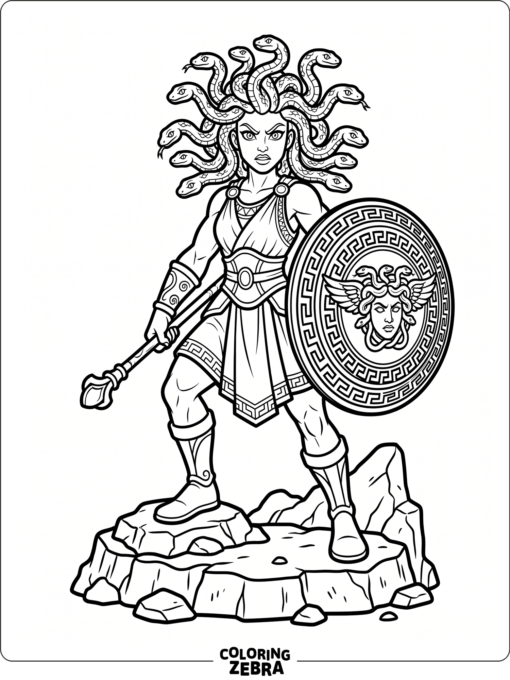 A cartoon gorgon holding a shield