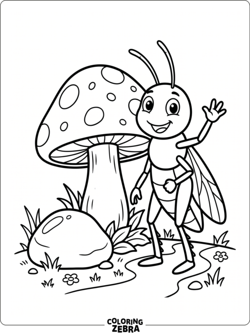A cartoon grasshopper beside a mushroom and pebble
