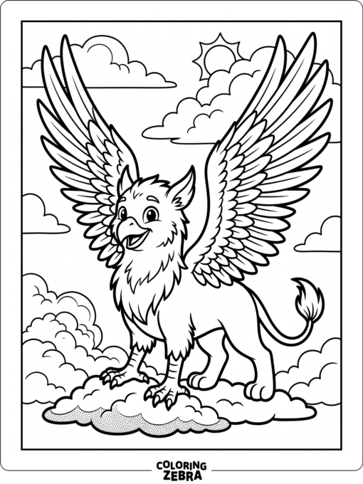 A cartoon griffin with big wings and a grin