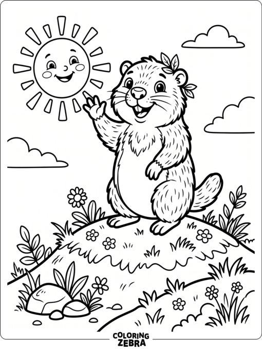 Cartoon groundhog waving on a hill