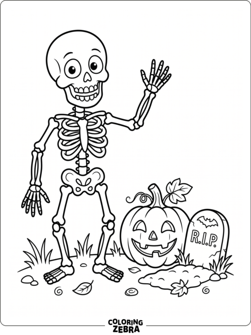 Cartoon skeleton with a pumpkin and gravestone