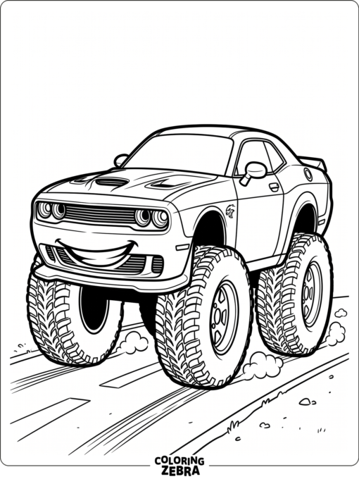 Cartoon Hellcat car with big tires and a playful look