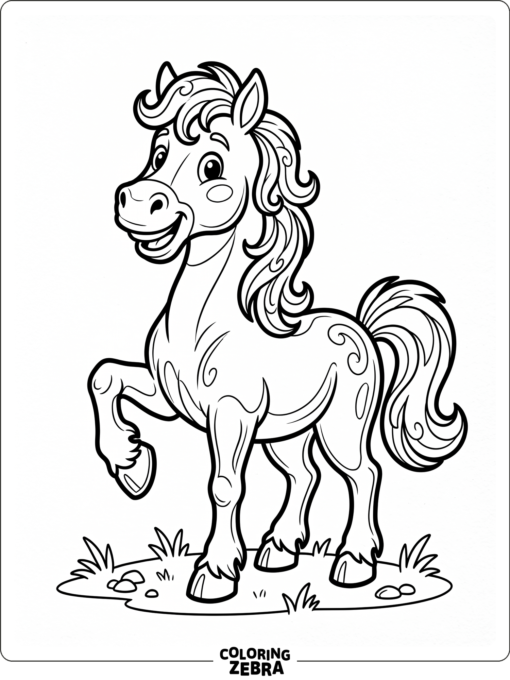 A cartoon horse smiling with one hoof raised