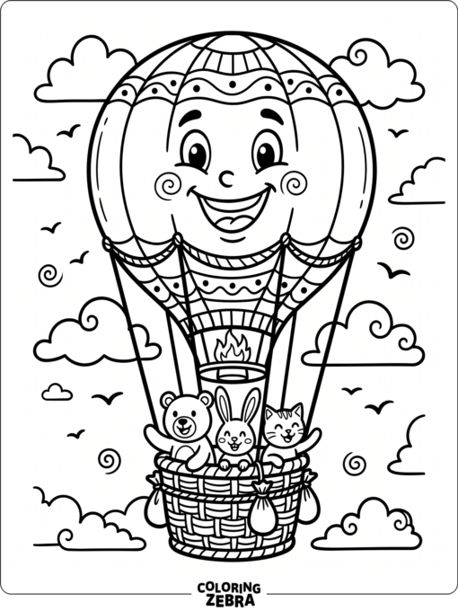 A cartoon hot air balloon with a smiling face and basket