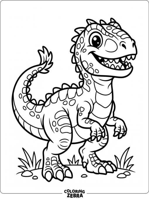 A cartoon indominus rex with big eyes and a grin