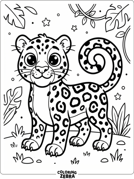 A cartoon jaguar with big eyes and a curled tail