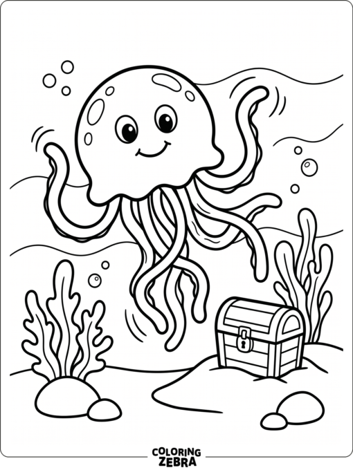 A cartoon jellyfish waving tentacles near a treasure chest