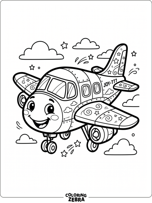 Cute cartoon jet with friendly features and simple lines