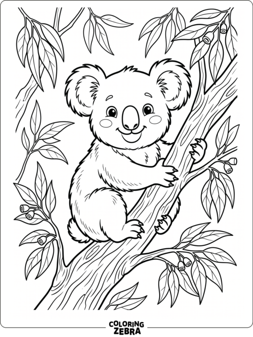 A cartoon koala sitting on a branch with big ears and a smiling face