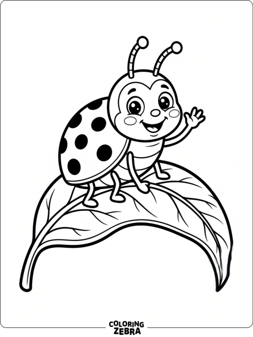 A cartoon ladybug waving on a leaf