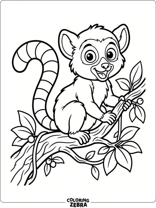 A cartoon lemur sitting on a branch with a playful grin