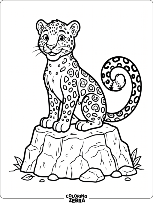 A cartoon leopard sitting on a rock with bold spots and a curled tail