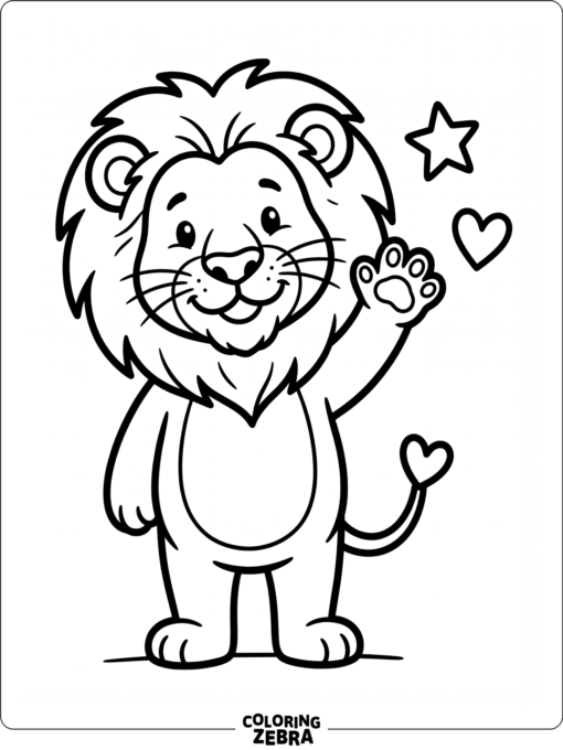 A cartoon lion waves beside a star and heart