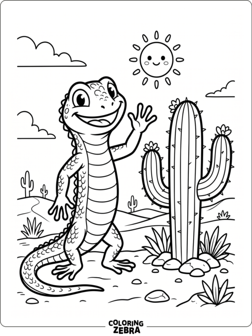 A cartoon lizard waving near a cactus