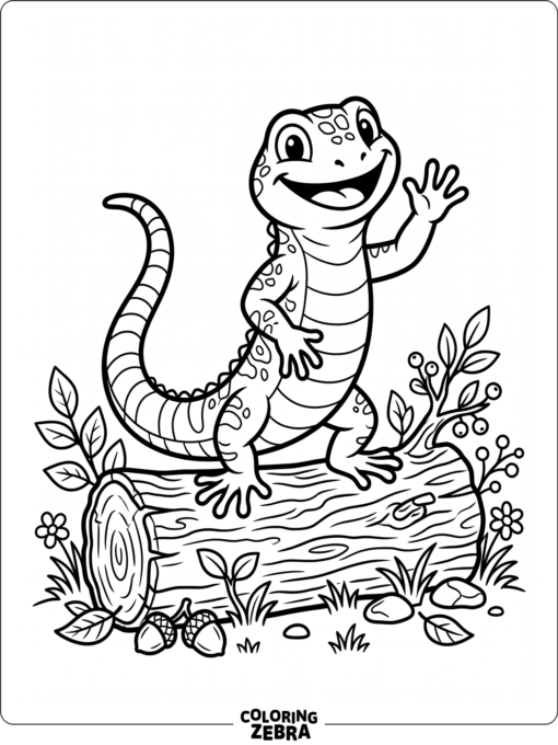 A cartoon lizard waving from a log