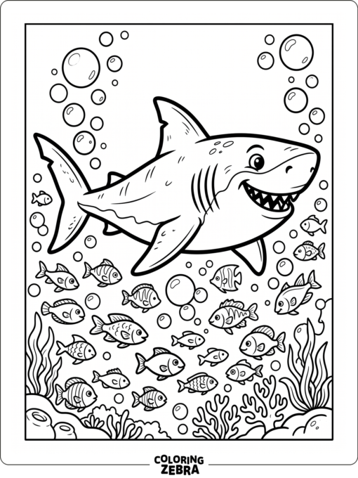 A cartoon megalodon swimming with bubbles and fish